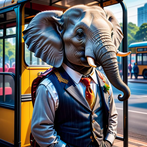 Image of a elephant in a vest on the bus stop