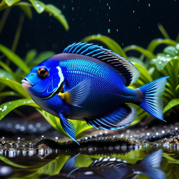 Photo of a blue tang in a vest in the puddle