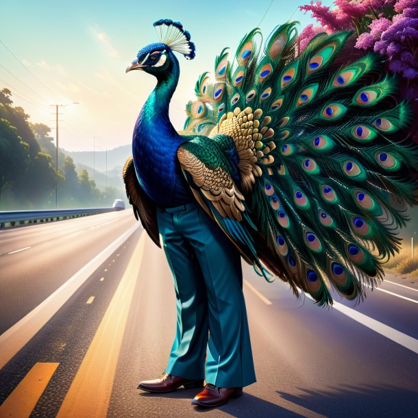 Illustration of a peacock in a trousers on the highway