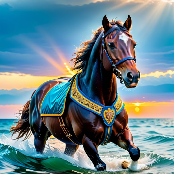 Photo of a horse in a vest in the sea