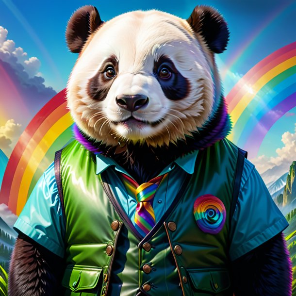 Drawing of a giant panda in a vest on the rainbow