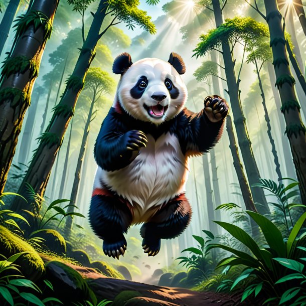 Imagen de un salto de un panda gigante en el bosque