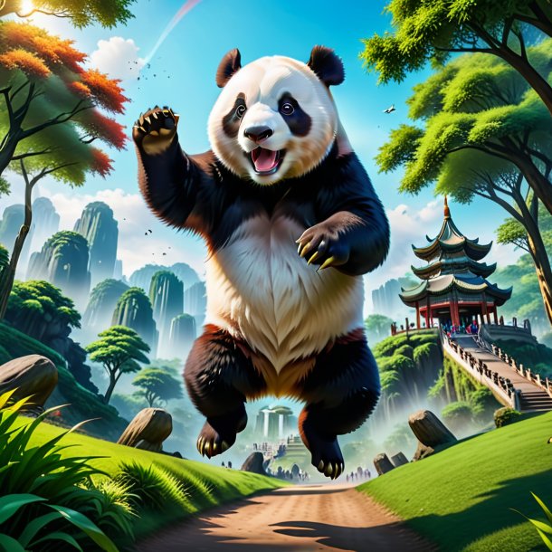 Picture of a jumping of a giant panda in the park