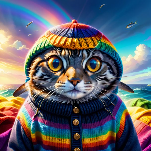 Illustration of a sardines in a sweater on the rainbow