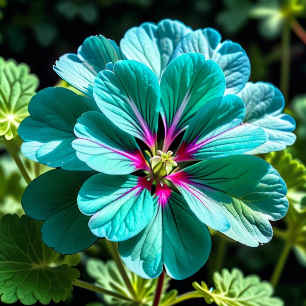 "pic of a teal geranium, clouded"