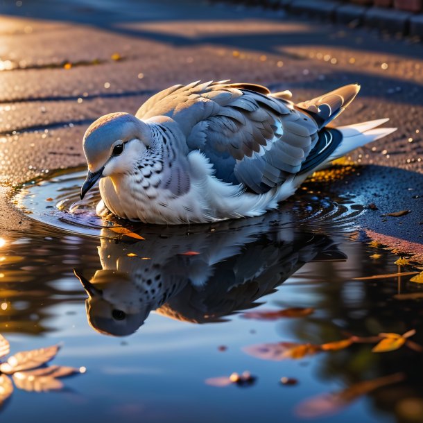 Image of a resting of a dove in the puddle