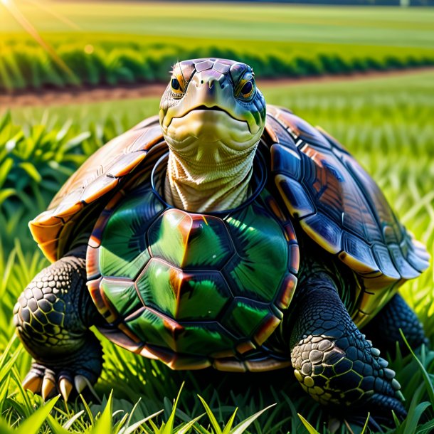 Picture of a turtle in a vest on the field