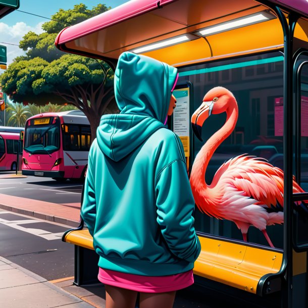 Desenho de um flamingo em um hoodie no ponto de ônibus