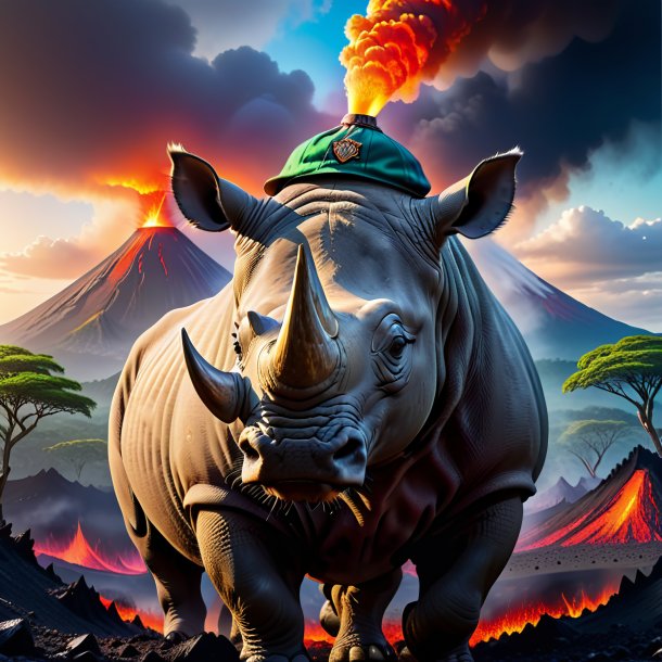 Photo of a rhinoceros in a cap in the volcano