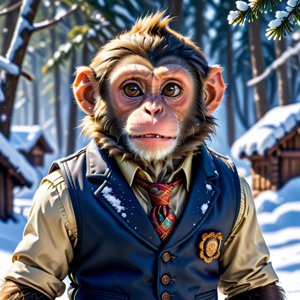 Image of a monkey in a vest in the snow