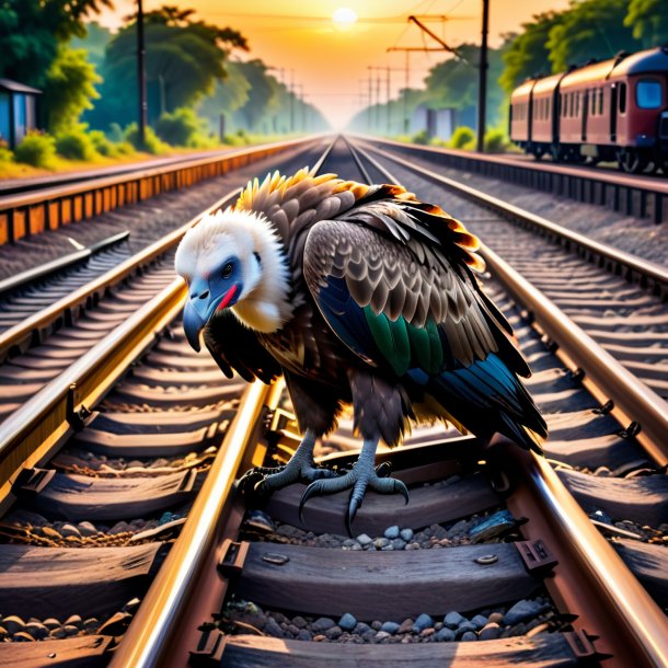 Picture of a sleeping of a vulture on the railway tracks