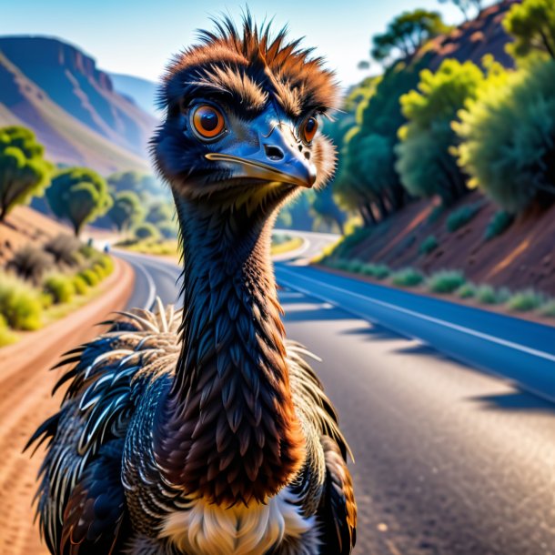 Photo of a emu in a belt on the road