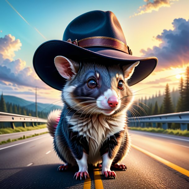 Drawing of a possum in a hat on the highway