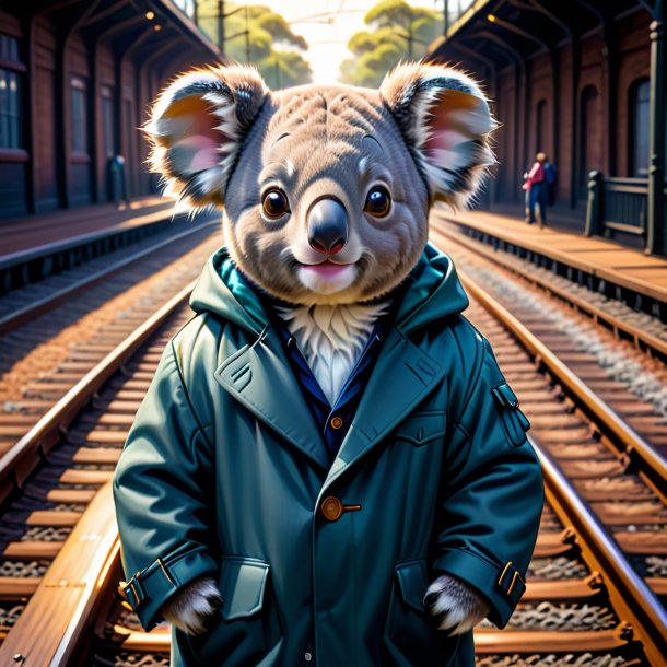 Drawing of a koala in a coat on the railway tracks