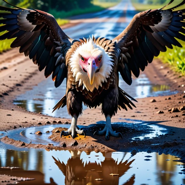 Photo of a angry of a vulture in the puddle
