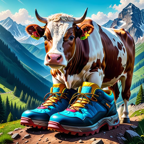 Dessin d'une vache dans une chaussure dans les montagnes