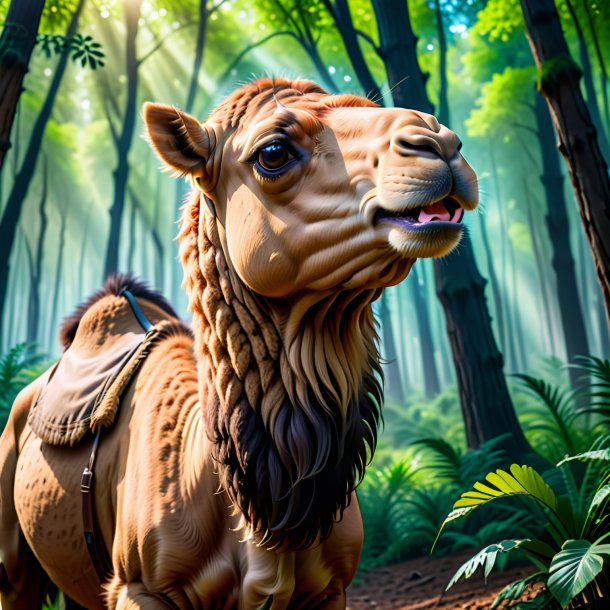 Photo of a crying of a camel in the forest