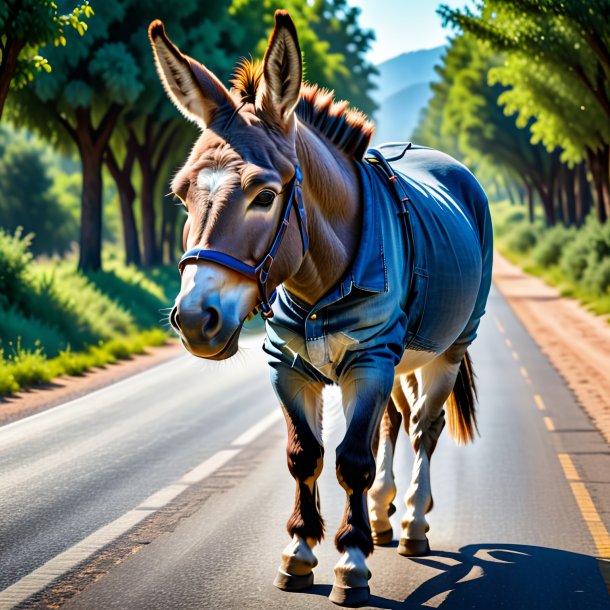 Picture of a donkey in a jeans on the road