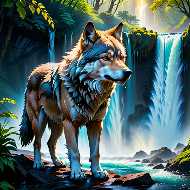 Pic of a crying of a wolf in the waterfall