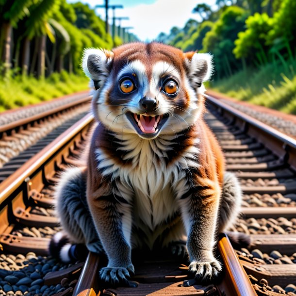 Pic of a smiling of a lemur on the railway tracks