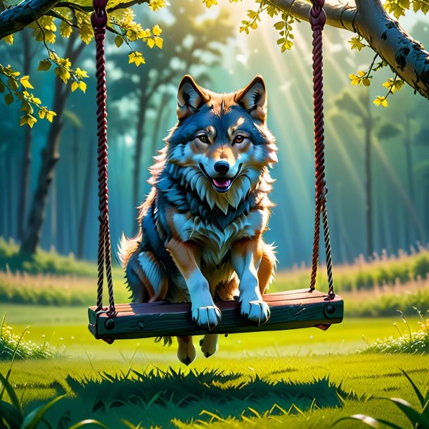 Picture of a swinging on a swing of a wolf on the field