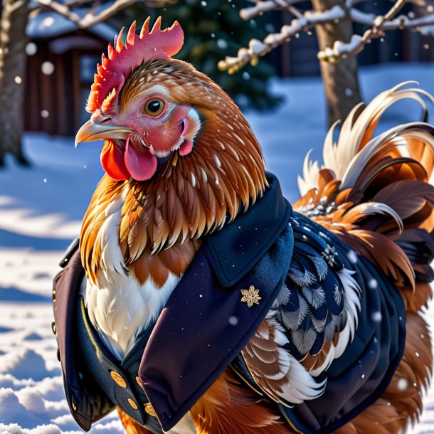 Pic of a hen in a jacket in the snow