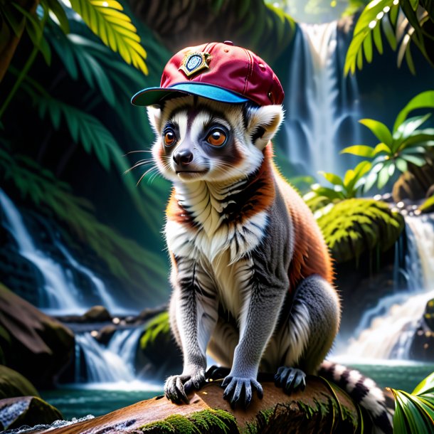 Image of a lemur in a cap in the waterfall