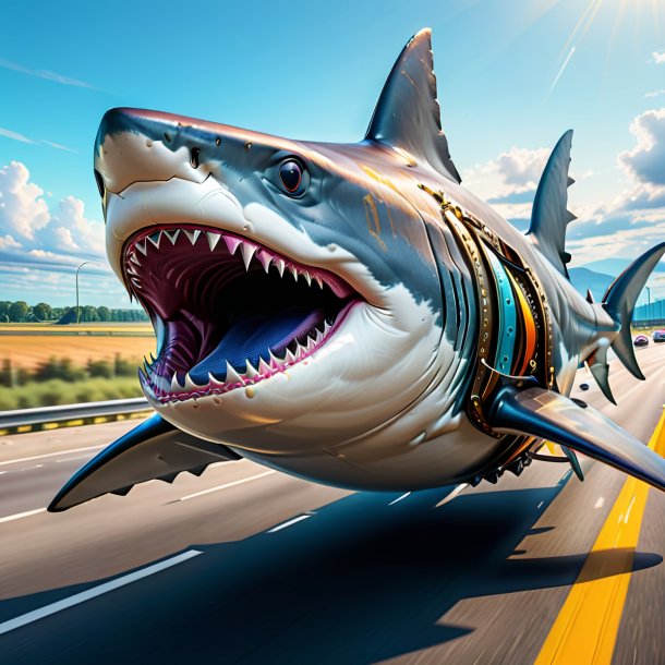 Drawing of a shark in a belt on the highway