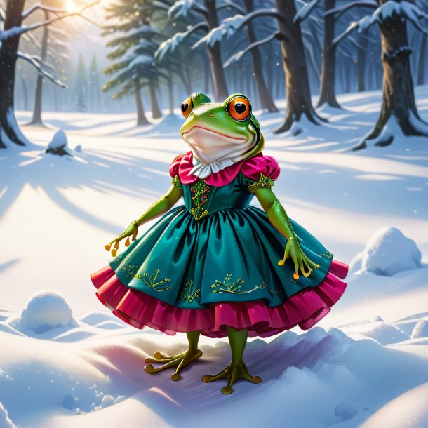 Illustration of a frog in a dress in the snow