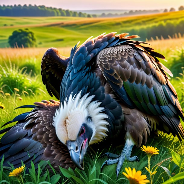 Photo of a sleeping of a vulture in the meadow