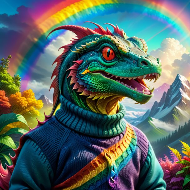 Drawing of a basilisk in a sweater on the rainbow