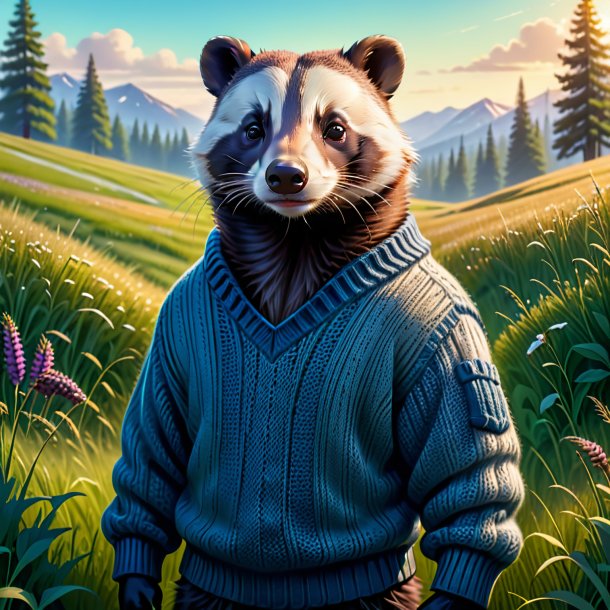 Illustration of a badger in a sweater in the meadow