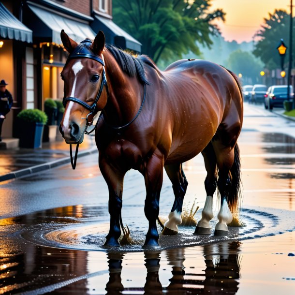 Pic of a horse in a cap in the puddle
