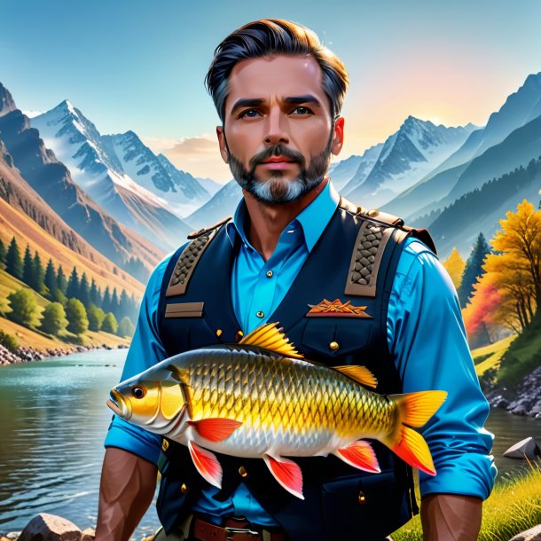Image of a carp in a vest in the mountains