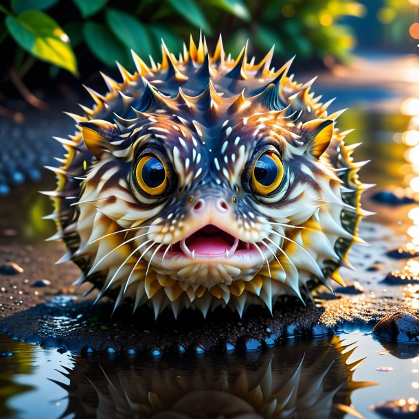 Photo of a threatening of a pufferfish in the puddle