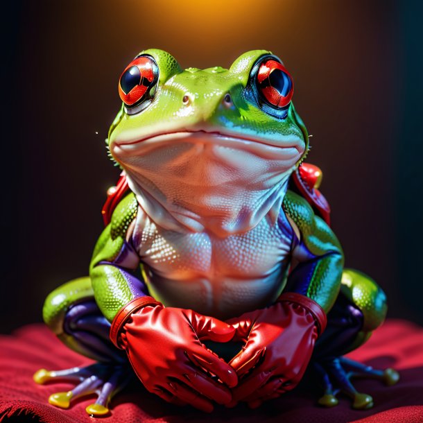 Foto de una rana en guantes rojos