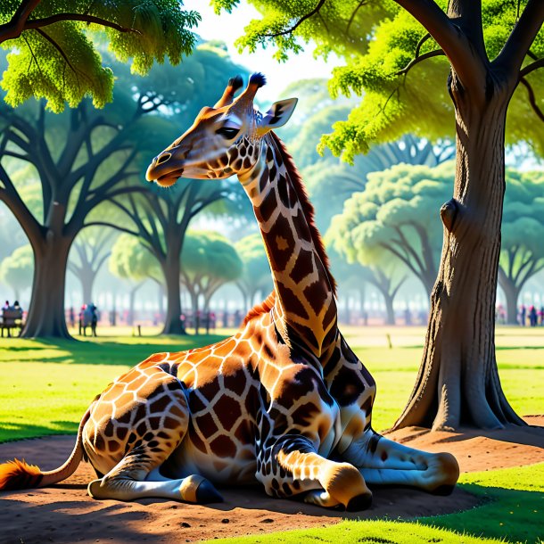 Image of a sleeping of a giraffe in the park