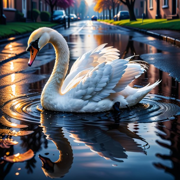Picture of a swan in a gloves in the puddle