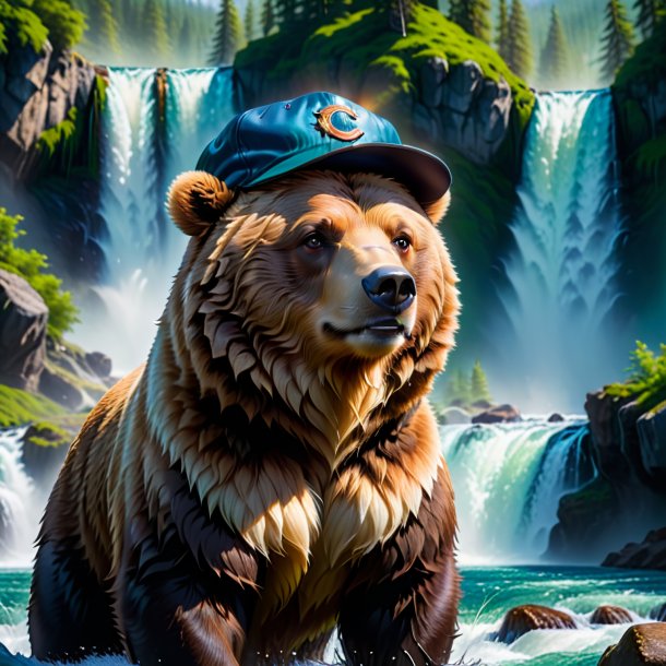 Photo of a bear in a cap in the waterfall