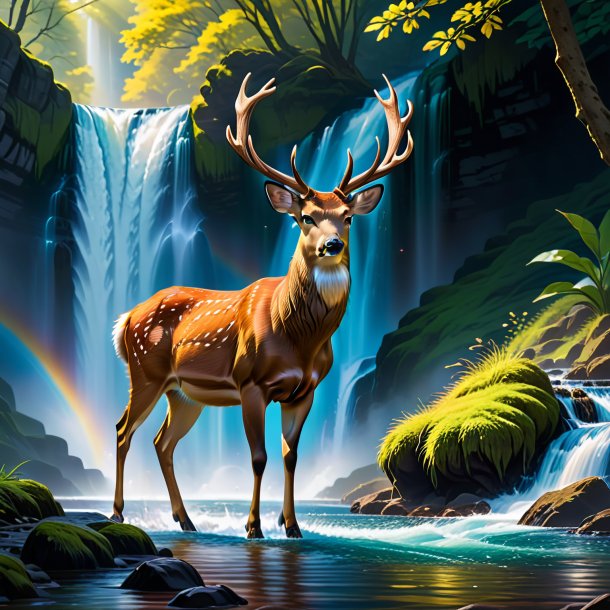 Picture of a deer in a belt in the waterfall