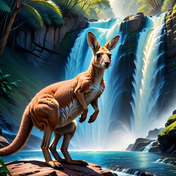 Drawing of a kangaroo in a jeans in the waterfall