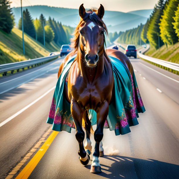 Picture of a horse in a skirt on the highway