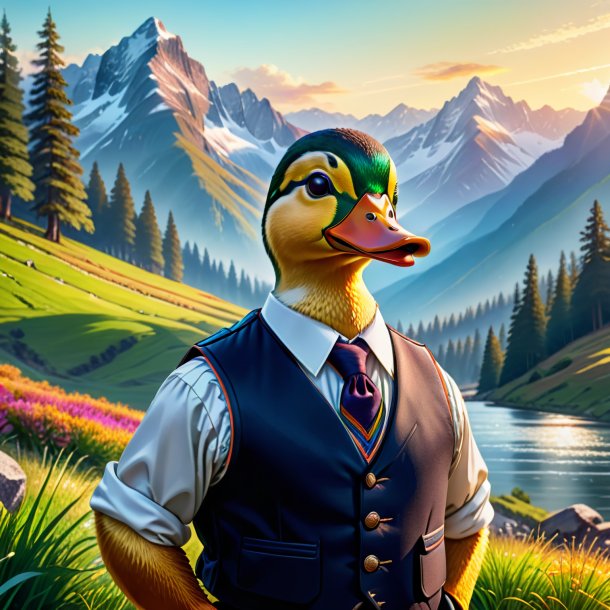 Drawing of a duck in a vest in the mountains