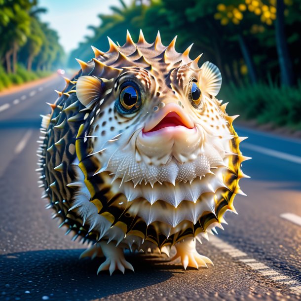 Pic of a pufferfish in a vest on the road