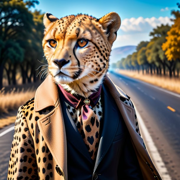 Picture of a cheetah in a coat on the road