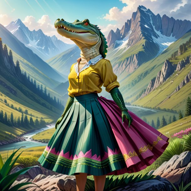 Drawing of a crocodile in a skirt in the mountains
