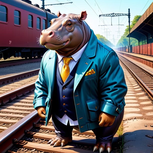 Desenho de um hipopótamo em uma jaqueta nos trilhos ferroviários