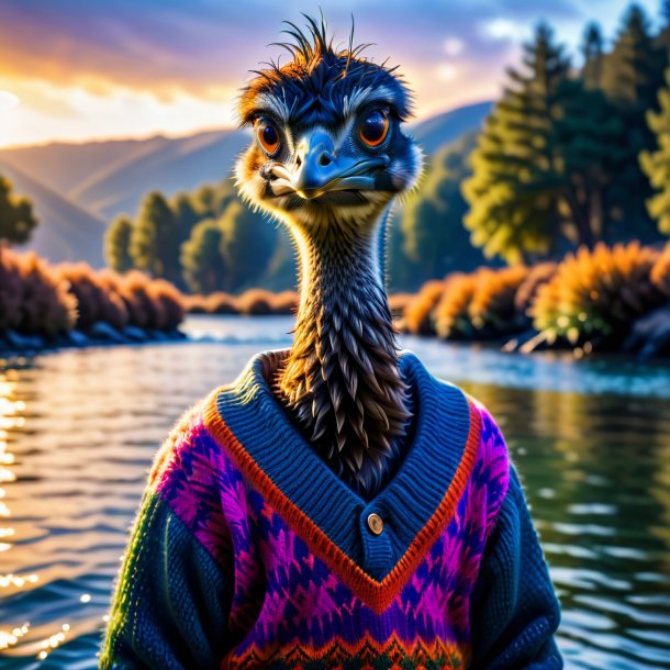 Photo of a emu in a sweater in the water
