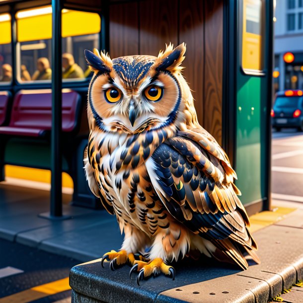 Image of a resting of a owl on the bus stop