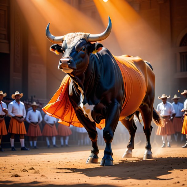 Photo of a bull in a orange skirt
